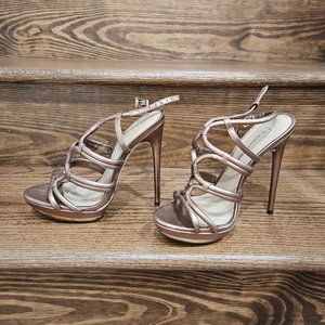 BCBG Farrow copper leather stiletto sandals